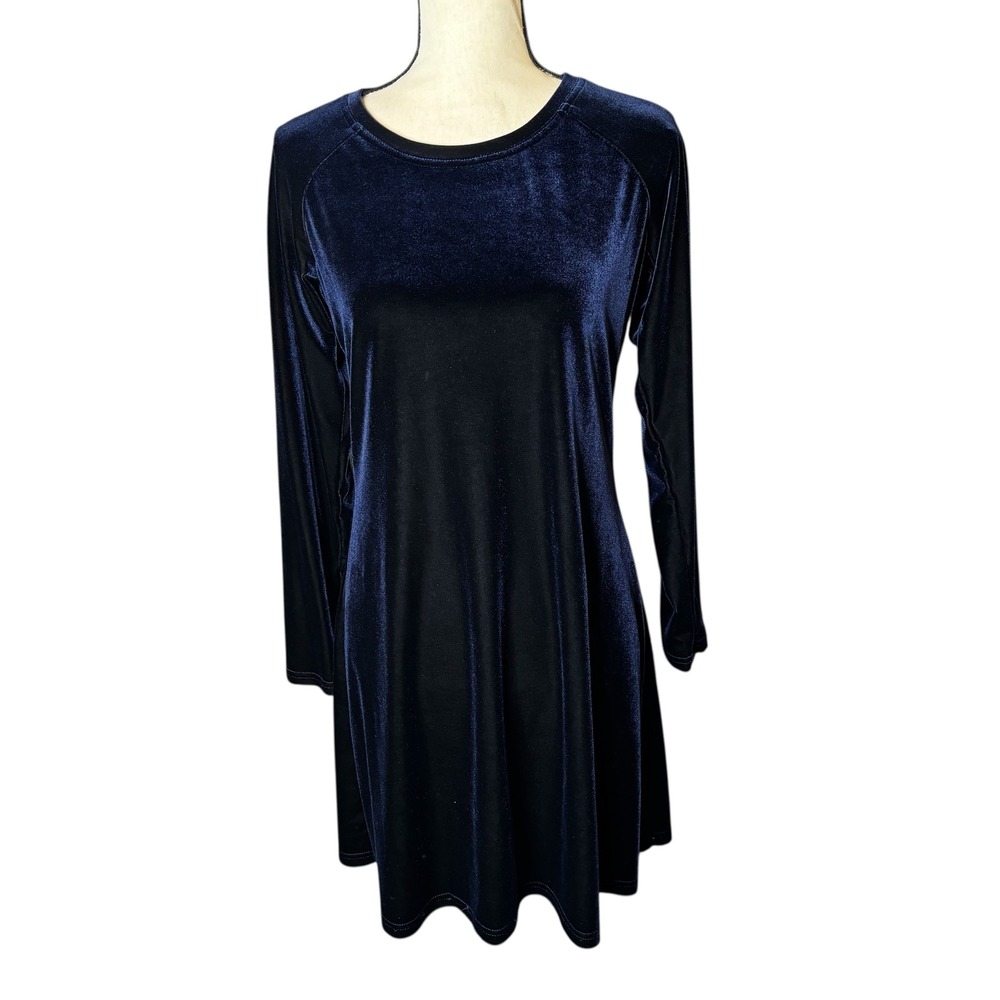 Moda Intl Velvet Long Sleeve A Line Dress Women Medium Blue Casual Elegant